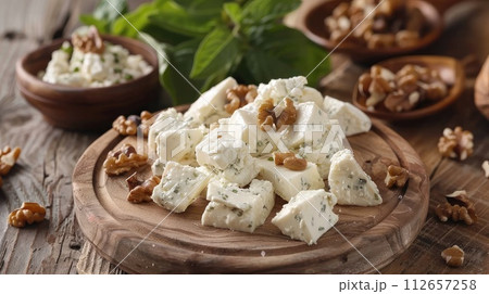 Gorgonzola with walnuts on wooden board. 112657258