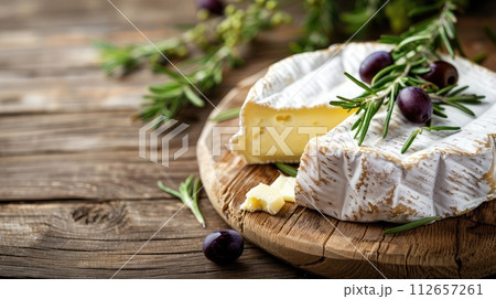 Soft French Camembert cheese on wood background . 112657261