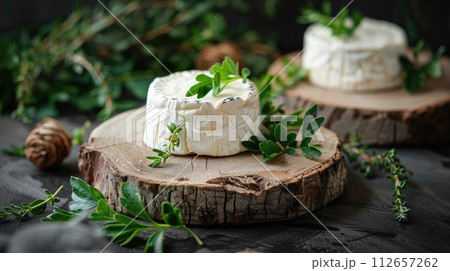 Suluguni cheese on a light wooden board. Decorated with greenery. Dark wooden background. Suluguni cheese on a light wooden board. Decorated with greenery. Dark wooden background. 112657262