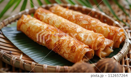 Dadar gulung or rolled pancakes are a typical Indonesian and Malaysian food which can be classified as a pancake filled with grated coconut mixed with liquid palm sugar 112657264