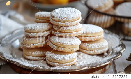 Alfajores traditional argentina sweet cookies on a table 112657281