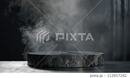 A sleek black marble stone podium, enhanced with a captivating smoke effect, ideal for product presentations and displays. A sleek black marble stone podium, enhanced with a captivating smoke effect, ideal for product presentations and displays. 112657282