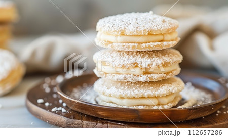 Alfajores traditional argentina sweet cookies on a table Alfajores traditional argentina sweet cookies on a table 112657286