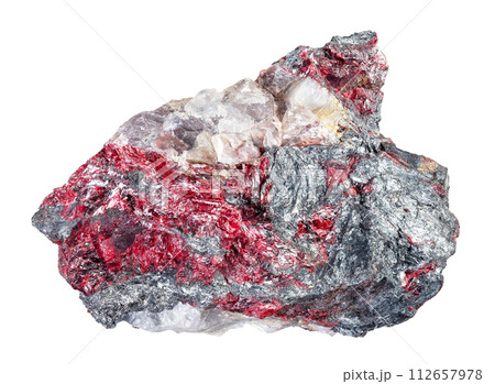 raw cinnabar and stibnite on fluorite rock cutout 112657978