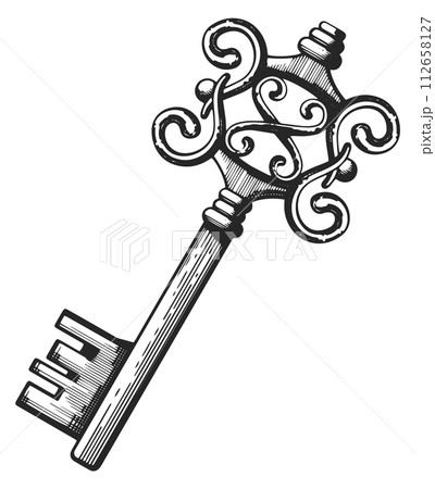 Skeleton key. Treasure metal symbol. Ornate engraving 112658127
