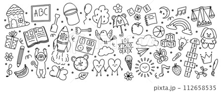 Daycare hand drawn elements. Rocket, hopscotch, toys, book, balloon, house, fruits and other elements. 112658535