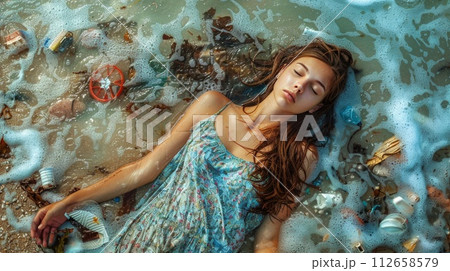 Young woman lying in sea with trash. Pollution concept. 112658579