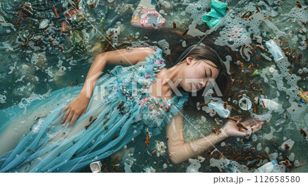Beautiful girl in blue dress lying in water with trash. 112658580