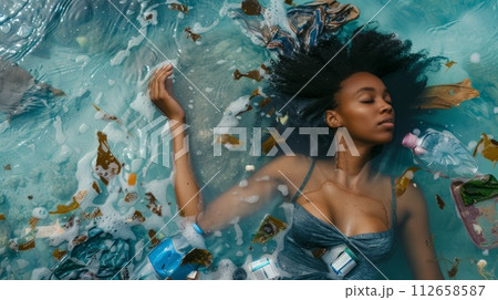 Beautiful african american woman lying in polluted water. Environmental pollution concept. Top view 112658587