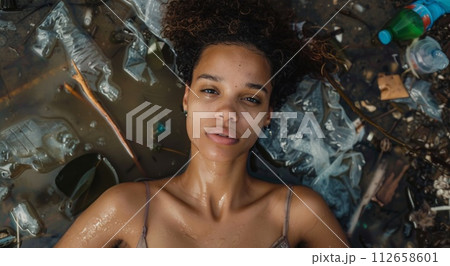 Young african american woman swimming in polluted ocean. Environmental pollution concept. 112658601