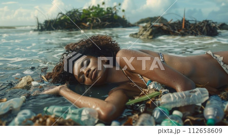 Young african american woman in polluted water. Environmental pollution. Young african american woman in polluted water. Environmental pollution. 112658609