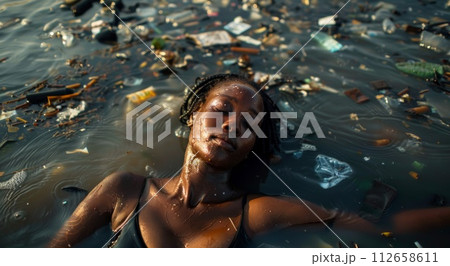 Beautiful african american woman in polluted ocean, environmental pollution concept 112658611