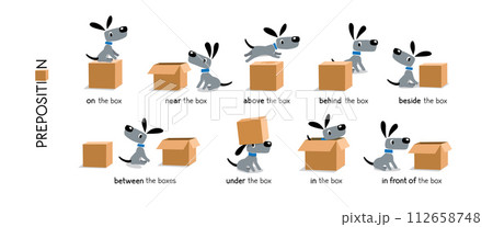 Preposition of place set. Dog and the boxes 112658748