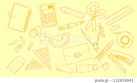 イエロー背景素材「文房具」 イエロー背景素材「文房具」 112659041