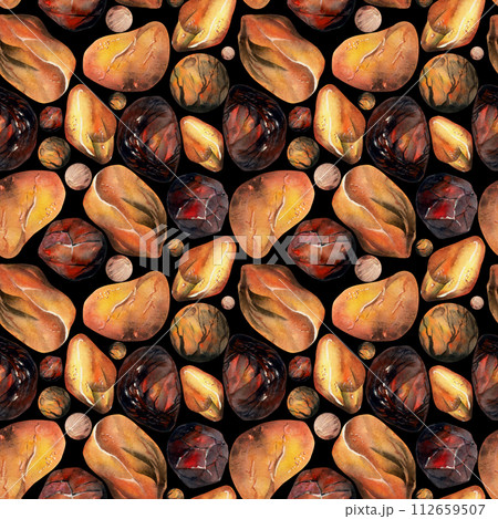 Hand drawn watercolor illustration precious semiprecious jewel gem crystal chakra birth stone. Amber garnet sunstone. Seamless pattern isolated white background. Design print, shop, jewelry, fashion Hand drawn watercolor illustration precious semiprecious jewel gem crystal chakra birth stone. Amber garnet sunstone. Seamless pattern isolated white background. Design print, shop, jewelry, fashion 112659507