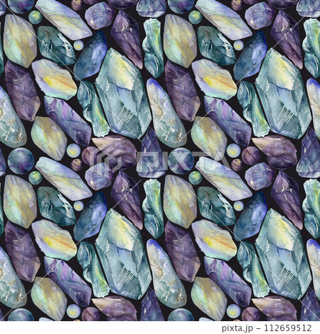 Hand drawn watercolor illustration precious jewel gem crystal chakra birth stone. Amethyst aquamarine moonstone lapis. Seamless pattern isolated white background. Design print, shop, jewelry, fashion 112659512