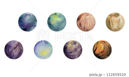 Hand drawn watercolor illustration precious jewel gem crystal chakra birth stone beads. Set of objects isolated on white background. Design print, shop, jewelry, fashion 112659520