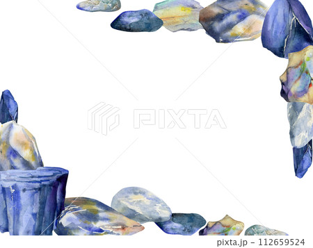 Hand drawn watercolor illustration precious semiprecious jewel gem crystal chakra birth stone. Sapphire lapis larimar. Horizontal frame isolated white background. Design print, shop, jewelry, fashion 112659524