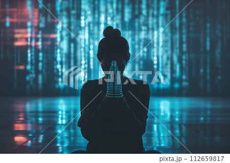 AI-generated content. Human praying to AI god with glowing blue symbols in the background 112659817