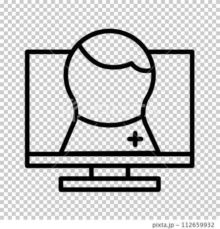 遠隔医療サービスのアイコン。PC画面に医療スタッフが映っています。 遠隔医療サービスのアイコン。PC画面に医療スタッフが映っています。 112659932