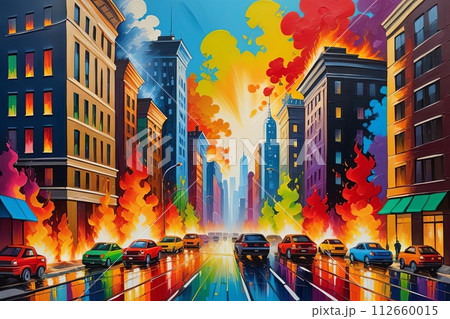 Oil Painting of City on Fire Impressionist Pop Art Style 112660015