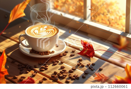 A cozy autumnal setting features a steaming cup of latte with latte art, surrounded by coffee beans, a warm scarf, and vibrant leaves 112660061