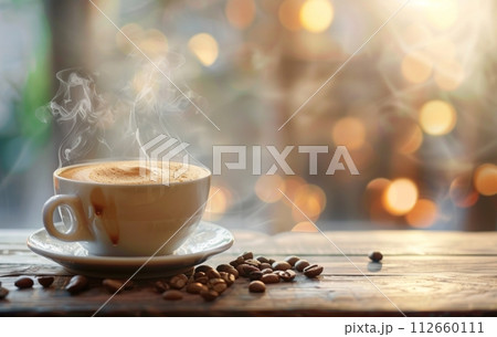Steaming cup of coffee with artistic latte foam art on a rustic wooden table, coffee beans scattered alongside 112660111
