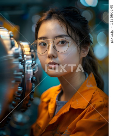 Illustration of a young woman wearing a uniform and safety glasses. Working with machines can use to make campaign posters protect safety, background presenting about the equality of women's rights. 112660249