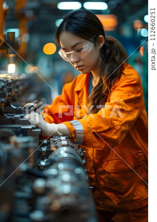 Illustration of a young woman wearing a uniform and safety glasses. Working with machines can use to make campaign posters protect safety, background presenting about the equality of women's rights. 112660251