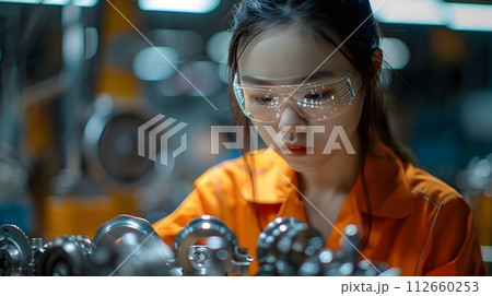Illustration of a young woman wearing a uniform and safety glasses. Working with machines can use to make campaign posters protect safety, background presenting about the equality of women's rights. 112660253