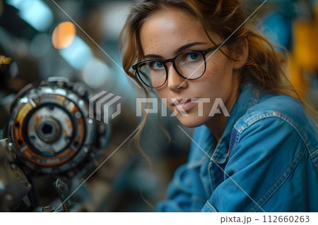 Illustration of a young woman wearing a uniform and safety glasses. Working with machines can use to make campaign posters protect safety, background presenting about the equality of women's rights. 112660263