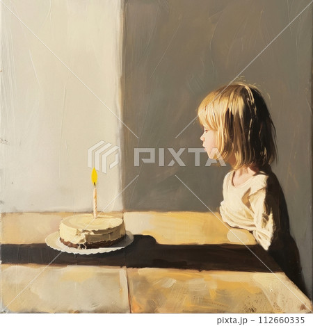A touching moment captured in art as a young child gazes at a lit birthday candle 112660335
