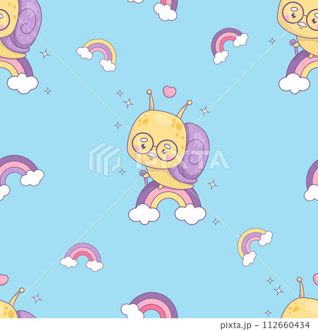 Seamless pattern with snail character elderly grandfather. Funny kawaii insect old man with glasses on rainbow on blue background. Nostalgic Vector illustration in trendy retro style. Seamless pattern with snail character elderly grandfather. Funny kawaii insect old man with glasses on rainbow on blue background. Nostalgic Vector illustration in trendy retro style. 112660434