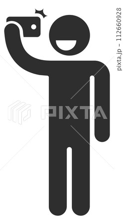 Man selfie icon. Black figure with smartphone Man selfie icon. Black figure with smartphone 112660928