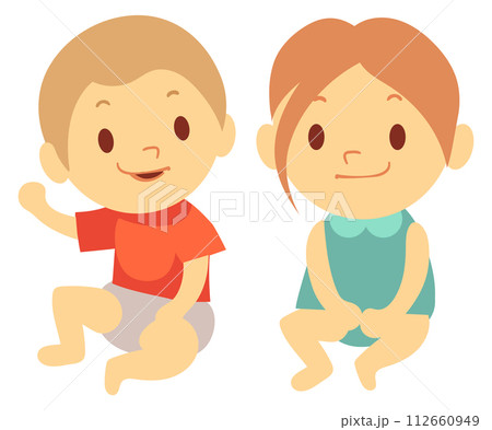 Happy toddlers. Boy and girl sitting. Cartoon babys 112660949