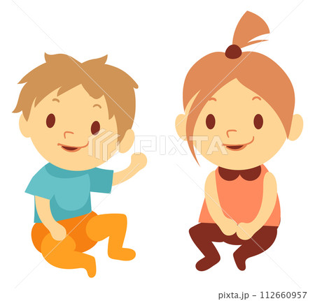 Boy and girl sitting together. Happy cartoon kids 112660957