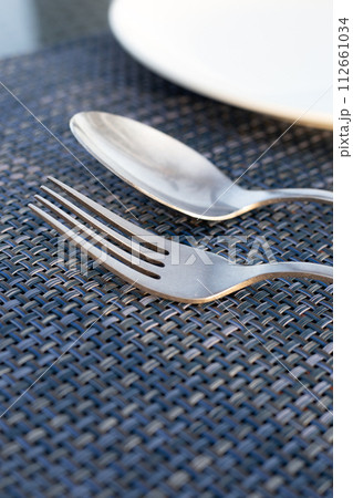 Spoon and fork on place mat 112661034
