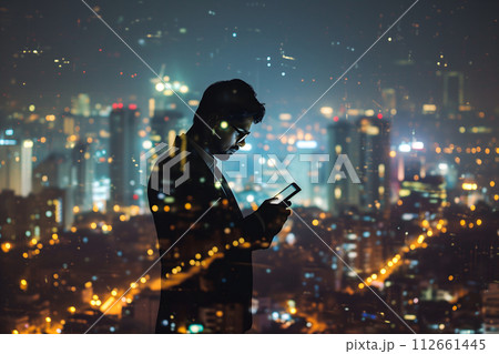 AI-generated content. Double exposure of business and a city - Indian businessman using a digital tablet superimposed on a city skyline AI-generated content. Double exposure of business and a city - Indian businessman using a digital tablet superimposed on a city skyline 112661445