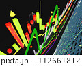 Price movement chart with indicators and volumes. The trader analyzes the price movement on a huge trading chart. A businessman-investor observes an increase in the price of an asset 112661812