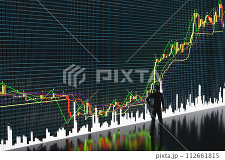 Price movement chart with indicators and volumes. The trader analyzes the price movement on a huge trading chart. A businessman-investor observes an increase in the price of an asset Price movement chart with indicators and volumes. The trader analyzes the price movement on a huge trading chart. A businessman-investor observes an increase in the price of an asset 112661815