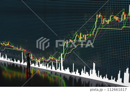 Price movement chart with indicators and volumes. The trader analyzes the price movement on a huge trading chart. A businessman-investor observes an increase in the price of an asset Price movement chart with indicators and volumes. The trader analyzes the price movement on a huge trading chart. A businessman-investor observes an increase in the price of an asset 112661817