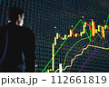 Price movement chart with indicators and volumes. The trader analyzes the price movement on a huge trading chart. A businessman-investor observes an increase in the price of an asset 112661819
