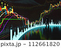 Price movement chart with indicators and volumes. The trader analyzes the price movement on a huge trading chart. A businessman-investor observes an increase in the price of an asset 112661820