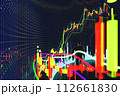 Price movement chart with indicators and volumes. The trader analyzes the price movement on a huge trading chart. A businessman-investor observes an increase in the price of an asset 112661830