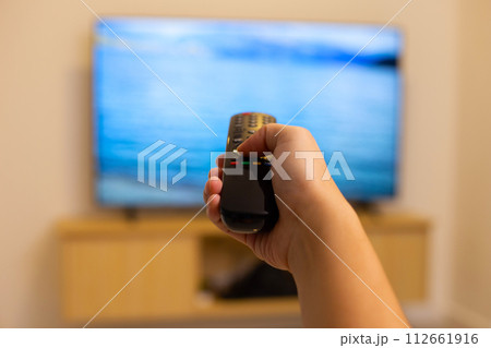Hand holding TV remote control 112661916