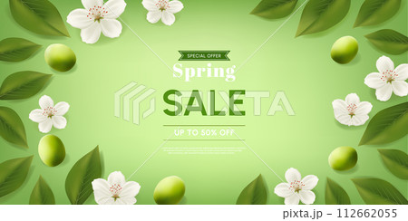 Spring sale banner with sakura flower and leaves. vector illustration. Korean translation "spring sale" Spring sale banner with sakura flower and leaves. vector illustration. Korean translation "spring sale" 112662055