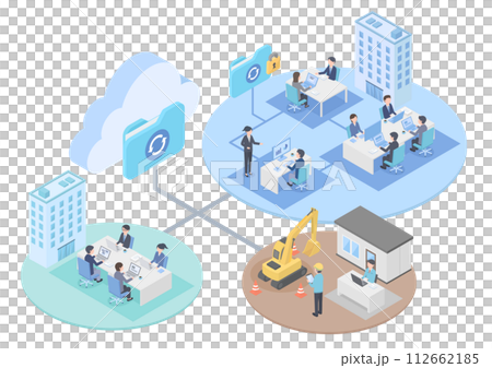 Isometric illustration imagining construction sites and companies moving to the cloud 112662185