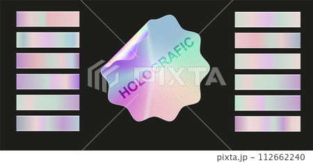 Holographic, silver foil texture background set. Gold hologram metallic gradient collection. Vector graphic iridescent Holographic, silver foil texture background set. Gold hologram metallic gradient collection. Vector graphic iridescent 112662240