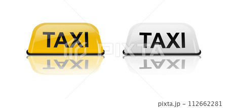 Taxi car roof sign yellow and white with reflection. Realistic illustration isolated on white. Vector 112662281