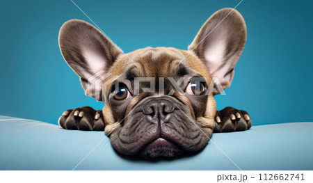 AI-generated content. French Bulldog on a bed with sad face, close-up, meme concept 112662741
